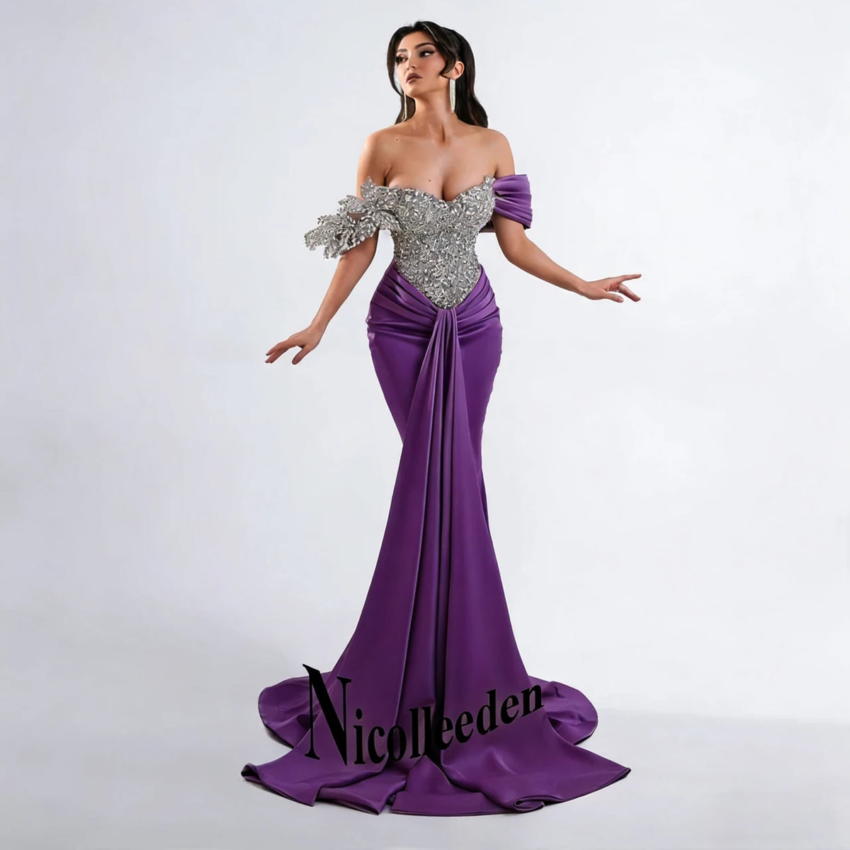 Nicolle Glittering Mermaid Evening Dresses for Women Rhinestones Pleated Ceremony Celebrity Dresses Vestidos De Noche Customized