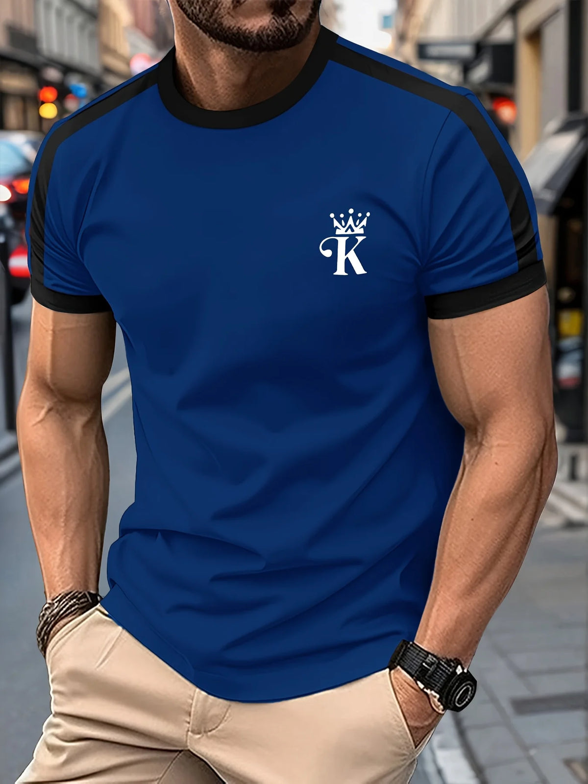 T Shirt for Man Men's Black and Golden Casual T-shirt Printed with "King" Crown + Arm Pattern Clothing Light Luxury Personality