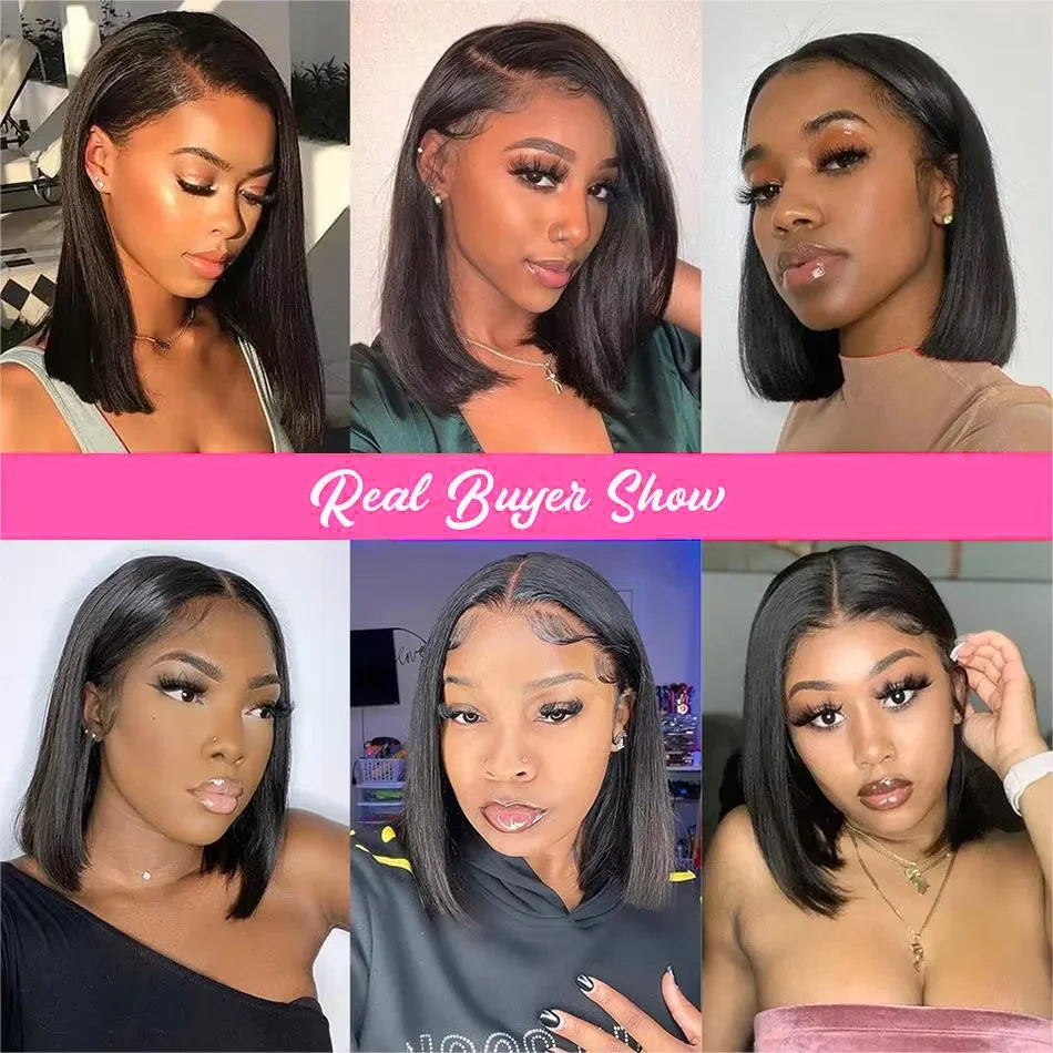 250% Density Glueless Bone Straight 13x6 Short Bob Half Lace Front Wig HD Frontal Braided Black Human Hair Wigs