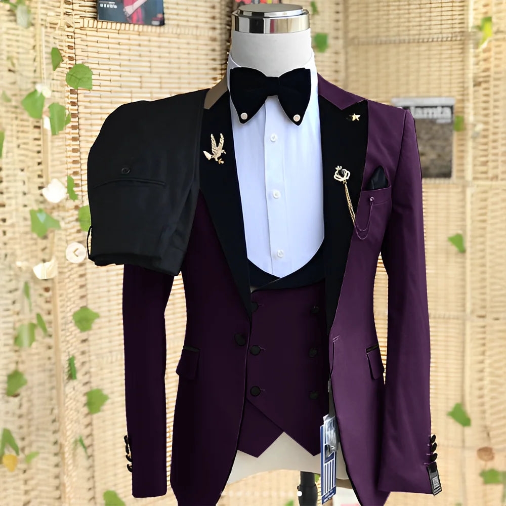 Wedding Men's 3-piece Suit Set (Jacket Pants Vest) Groom Tuxedo Formal Blazer Elegant Suit for Men