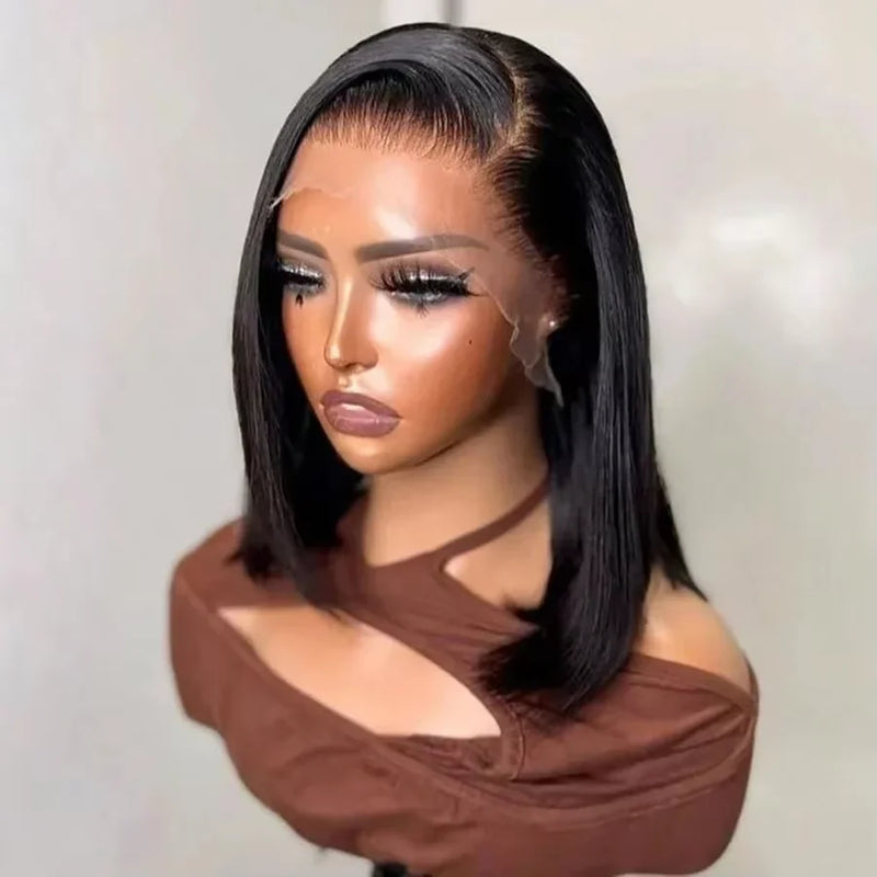 250% Density Glueless Bone Straight 13x6 Short Bob Half Lace Front Wig HD Frontal Braided Black Human Hair Wigs