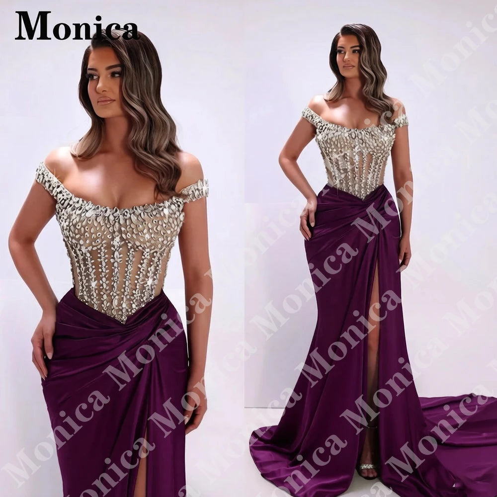 MONICA Charming Off the Shoulder Prom Dresses for Women Rhinestones Corset Slit Evening Gowns Vestidos De Fiesta Customized