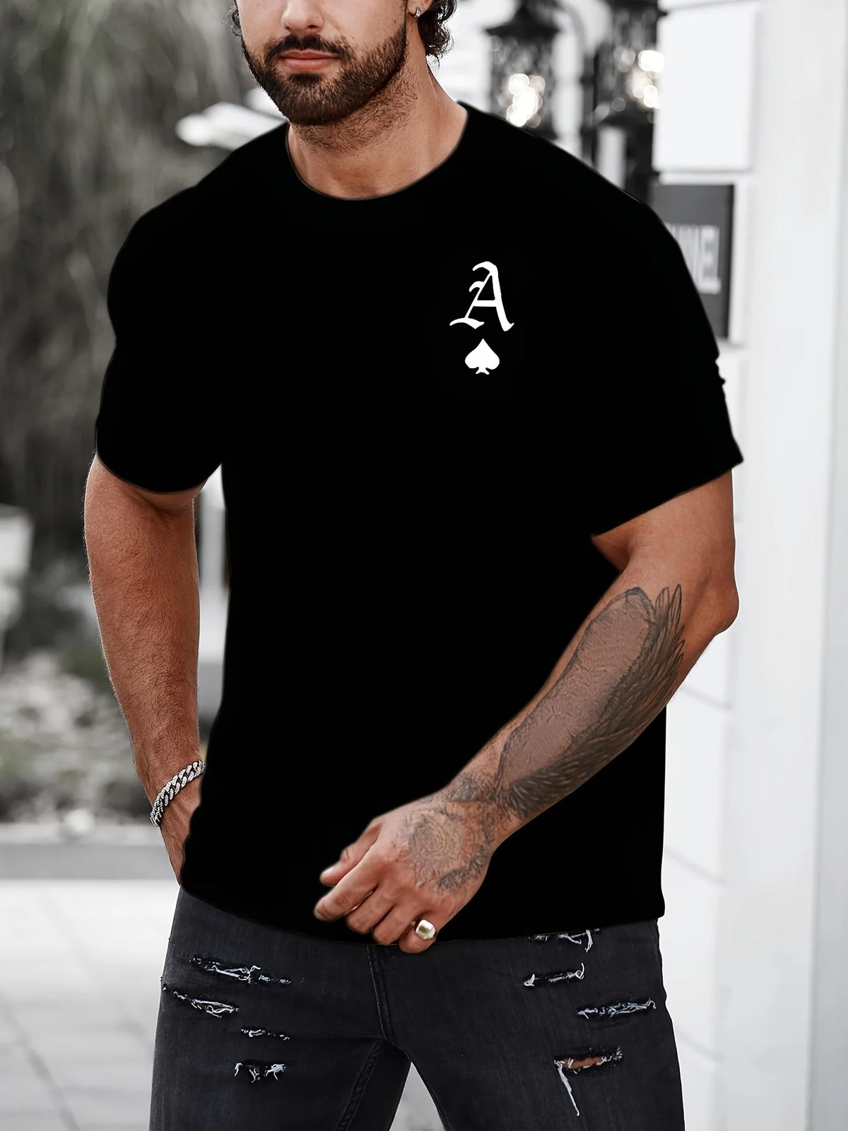 T Shirt for Man Men's Black and Golden Casual T-shirt Printed with "King" Crown + Arm Pattern Clothing Light Luxury Personality