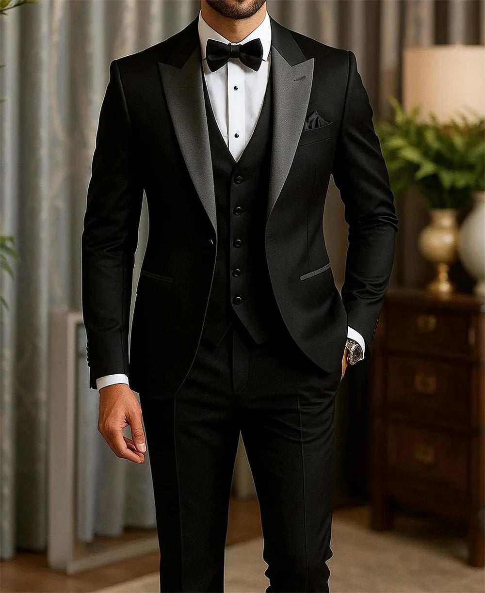 Men’s Wear Suit Black 3-Piece Suit Grey Lapel One Button Wedding & Party Blazer Set (Jacket+Vest+Pants) Tailor Made