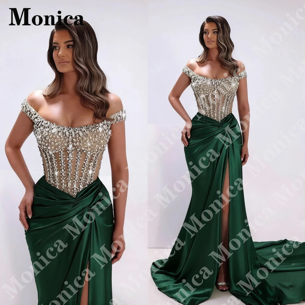 MONICA Charming Off the Shoulder Prom Dresses for Women Rhinestones Corset Slit Evening Gowns Vestidos De Fiesta Customized