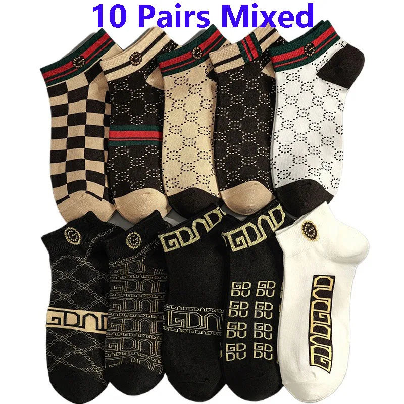 10 Pairs Men's Trendy Short Socks Summer Breathable Geometric Pattern Ankle Socks Luxury Designer Brand Fashion Low Cut Socks