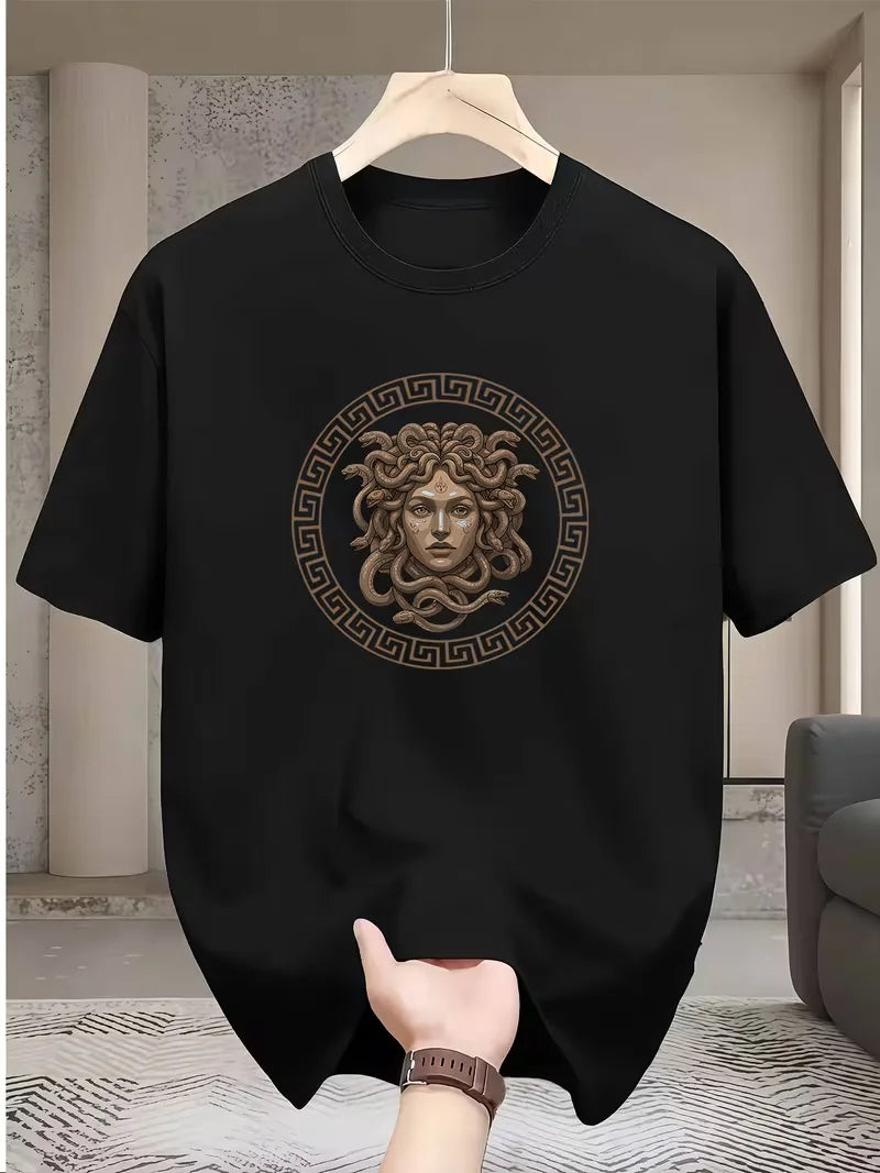 Men's Casual Trendy Medusa Head Greek Key Pattern T-Shirt, Men's Fashion, Adult Male, Daily Wear