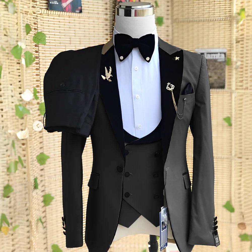 Wedding Men's 3-piece Suit Set (Jacket Pants Vest) Groom Tuxedo Formal Blazer Elegant Suit for Men