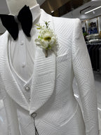 Patterned Elegant White Man Suit Jacket Vest Pants Fashionable 3-pieces Shawl Lapel Groom Wear Modern Glam Tuxedo Chic Set