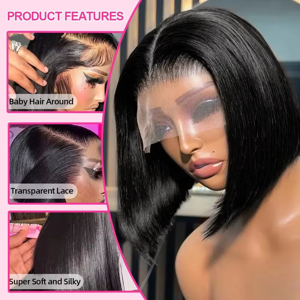 250% Density Glueless Bone Straight 13x6 Short Bob Half Lace Front Wig HD Frontal Braided Black Human Hair Wigs