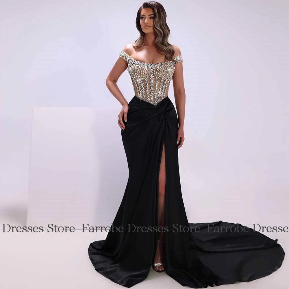 Luxury Special Occasion Dresses Satin Mermaid/Trumpet Valentine's Day Dress Black Off-the-shoulder Rhinestones Prom Dresses Long