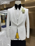 Patterned Elegant White Man Suit Jacket Vest Pants Fashionable 3-pieces Shawl Lapel Groom Wear Modern Glam Tuxedo Chic Set
