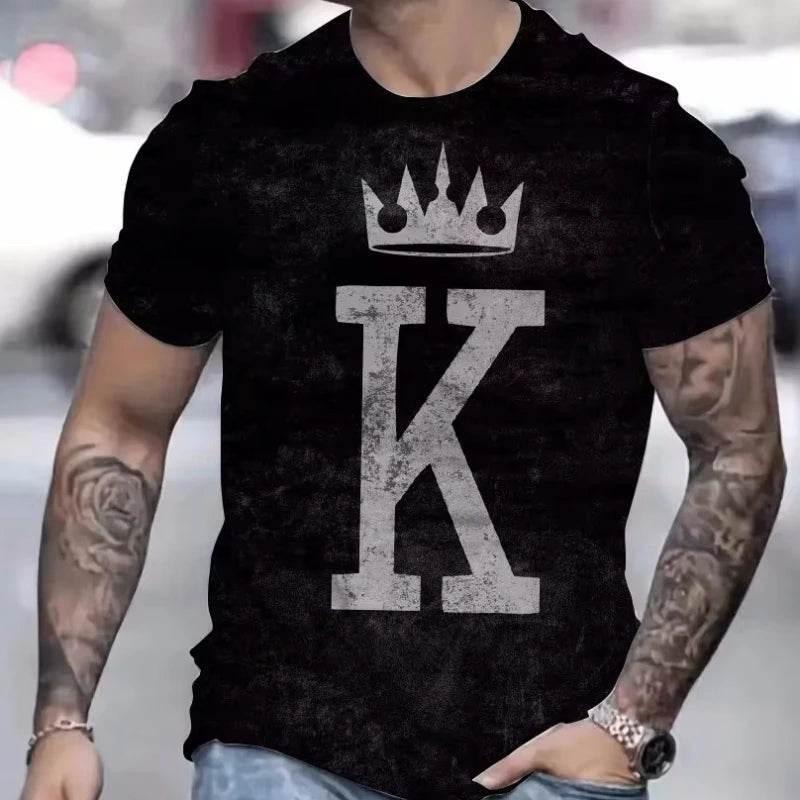 T Shirt for Man Men's Black and Golden Casual T-shirt Printed with "King" Crown + Arm Pattern Clothing Light Luxury Personality