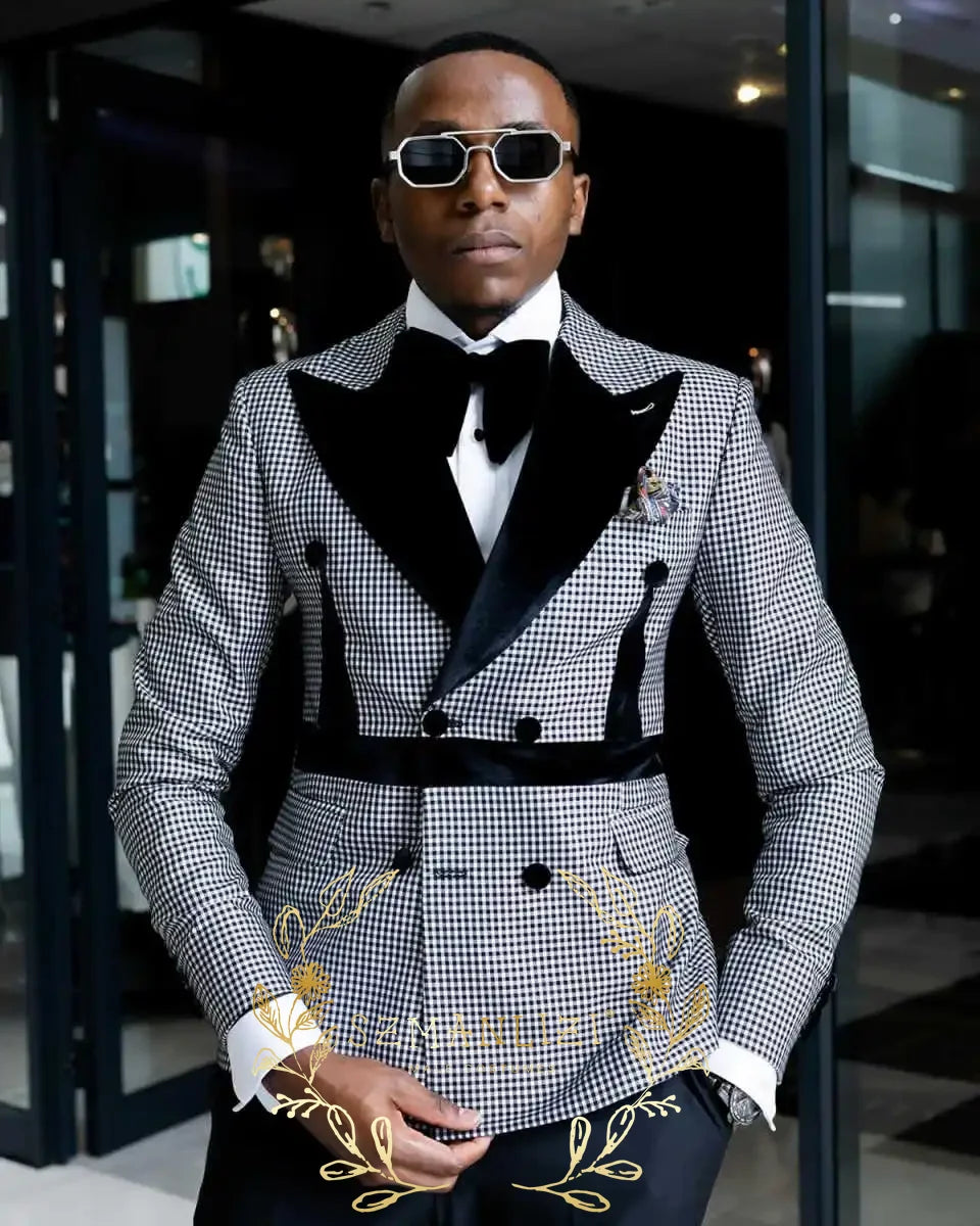 Men Suits 2 Piece Peaked Lapel Double Breasted Fashion Prom Suits Slim Fit Blazer Sets Brown Plaid Mens Wedding Wear Coat+Pant