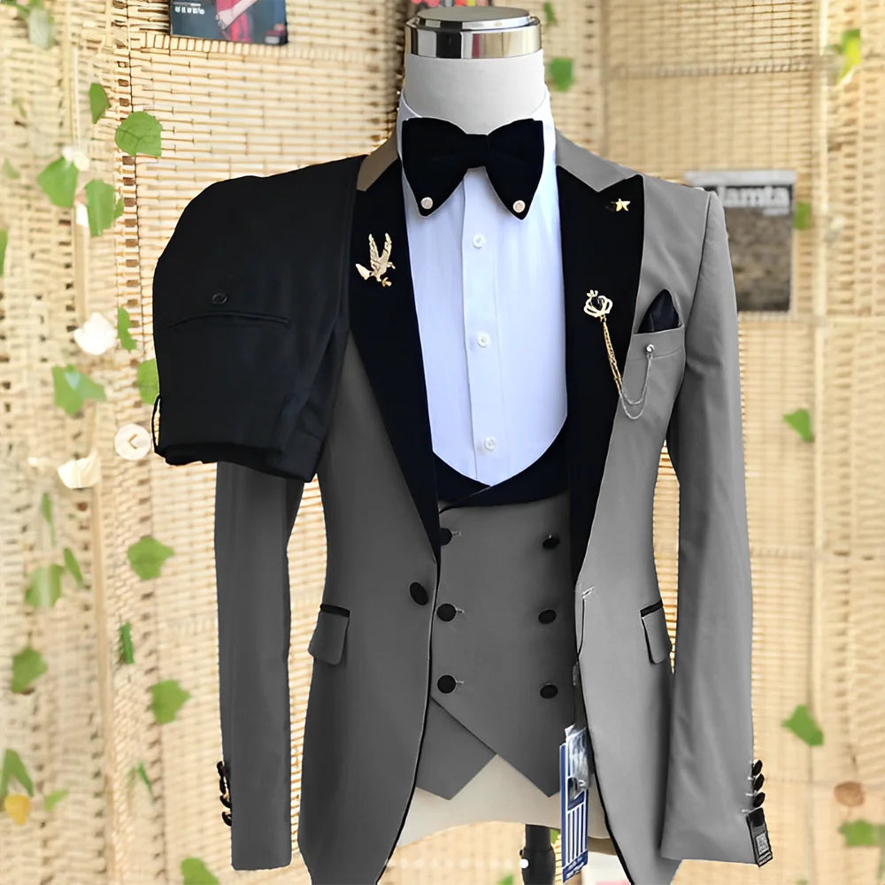 Wedding Men's 3-piece Suit Set (Jacket Pants Vest) Groom Tuxedo Formal Blazer Elegant Suit for Men
