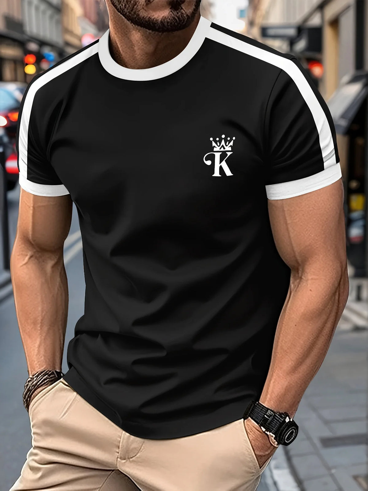 T Shirt for Man Men's Black and Golden Casual T-shirt Printed with "King" Crown + Arm Pattern Clothing Light Luxury Personality