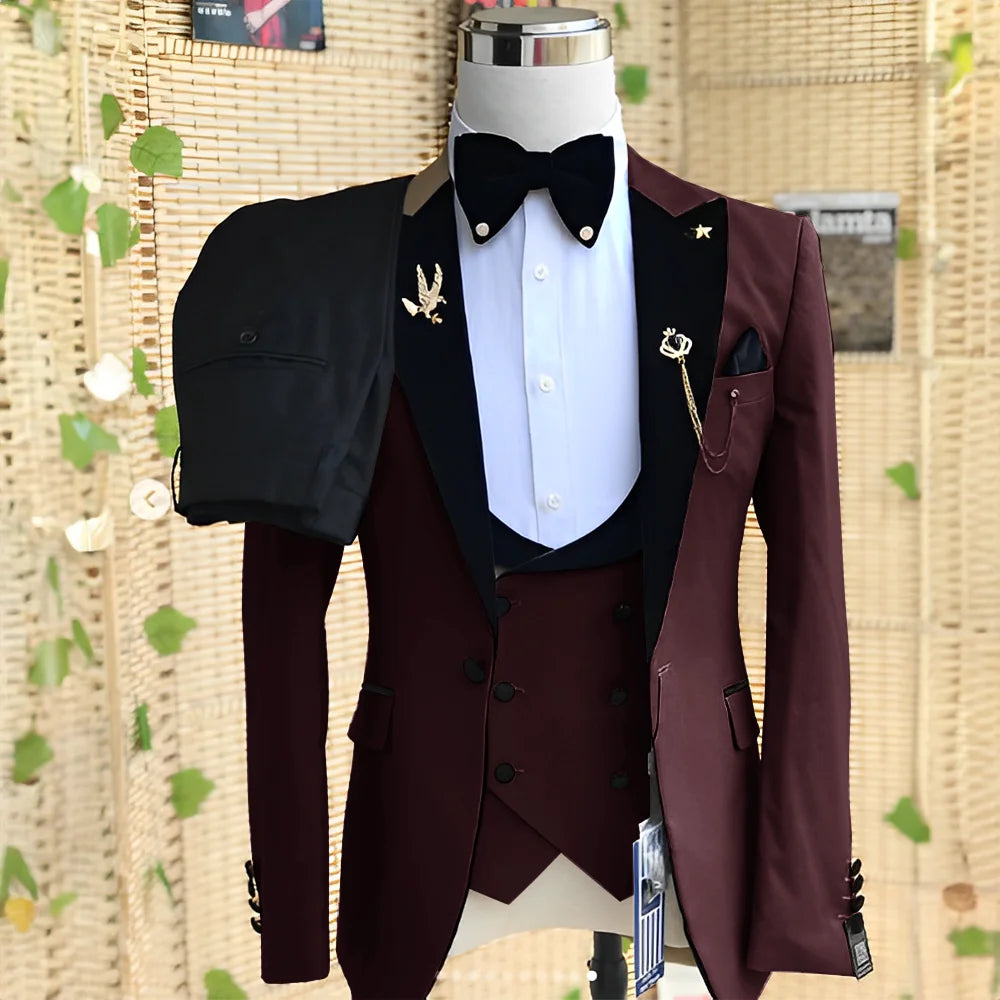 Wedding Men's 3-piece Suit Set (Jacket Pants Vest) Groom Tuxedo Formal Blazer Elegant Suit for Men