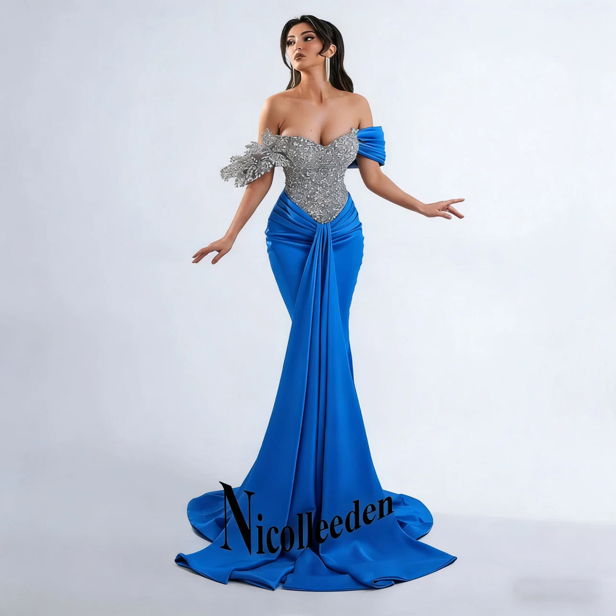 Nicolle Glittering Mermaid Evening Dresses for Women Rhinestones Pleated Ceremony Celebrity Dresses Vestidos De Noche Customized