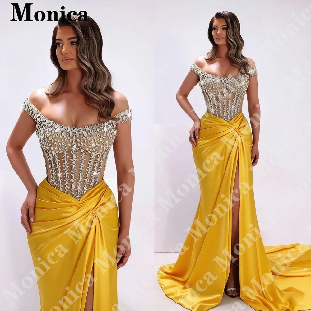 MONICA Charming Off the Shoulder Prom Dresses for Women Rhinestones Corset Slit Evening Gowns Vestidos De Fiesta Customized