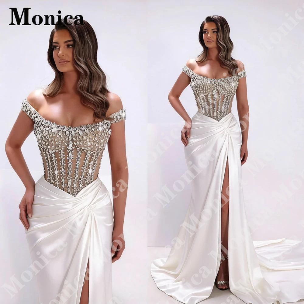 MONICA Charming Off the Shoulder Prom Dresses for Women Rhinestones Corset Slit Evening Gowns Vestidos De Fiesta Customized