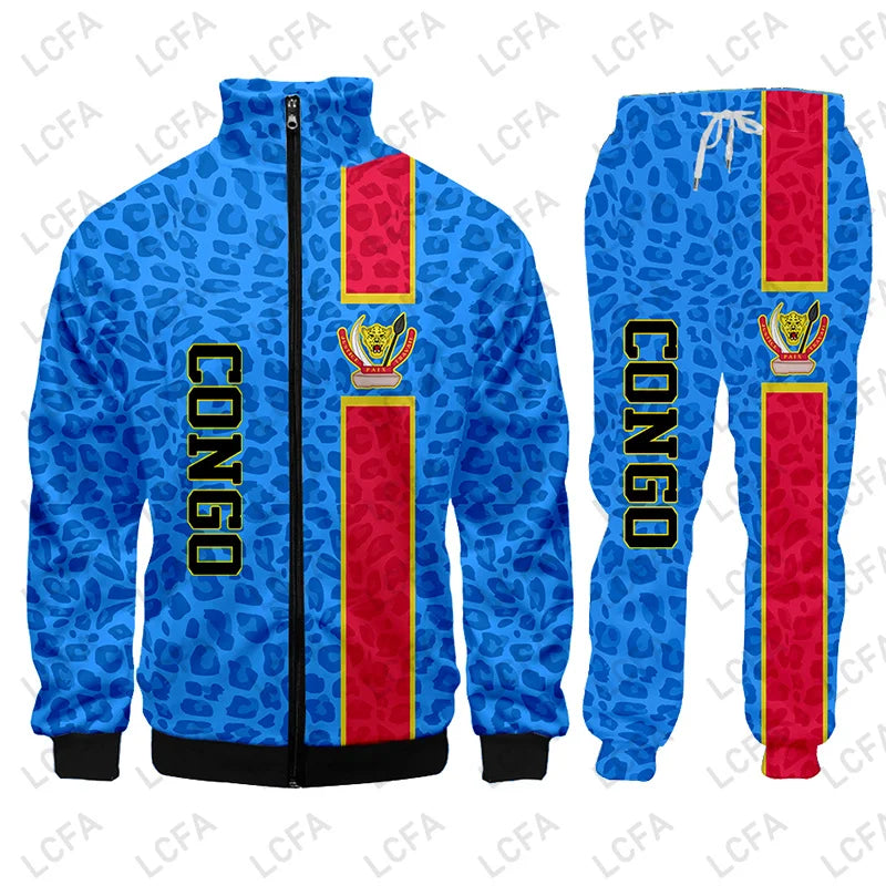 Congo Flag Hoodies Jacket Tracksuit Men 3D Printing Leopard Print National Emblem Shirt 2 Piece Set Oversize Clothes Sweat Suits