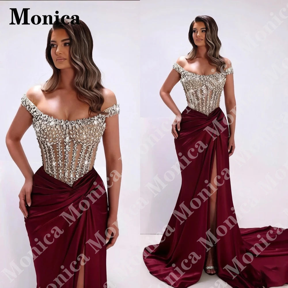 MONICA Charming Off the Shoulder Prom Dresses for Women Rhinestones Corset Slit Evening Gowns Vestidos De Fiesta Customized