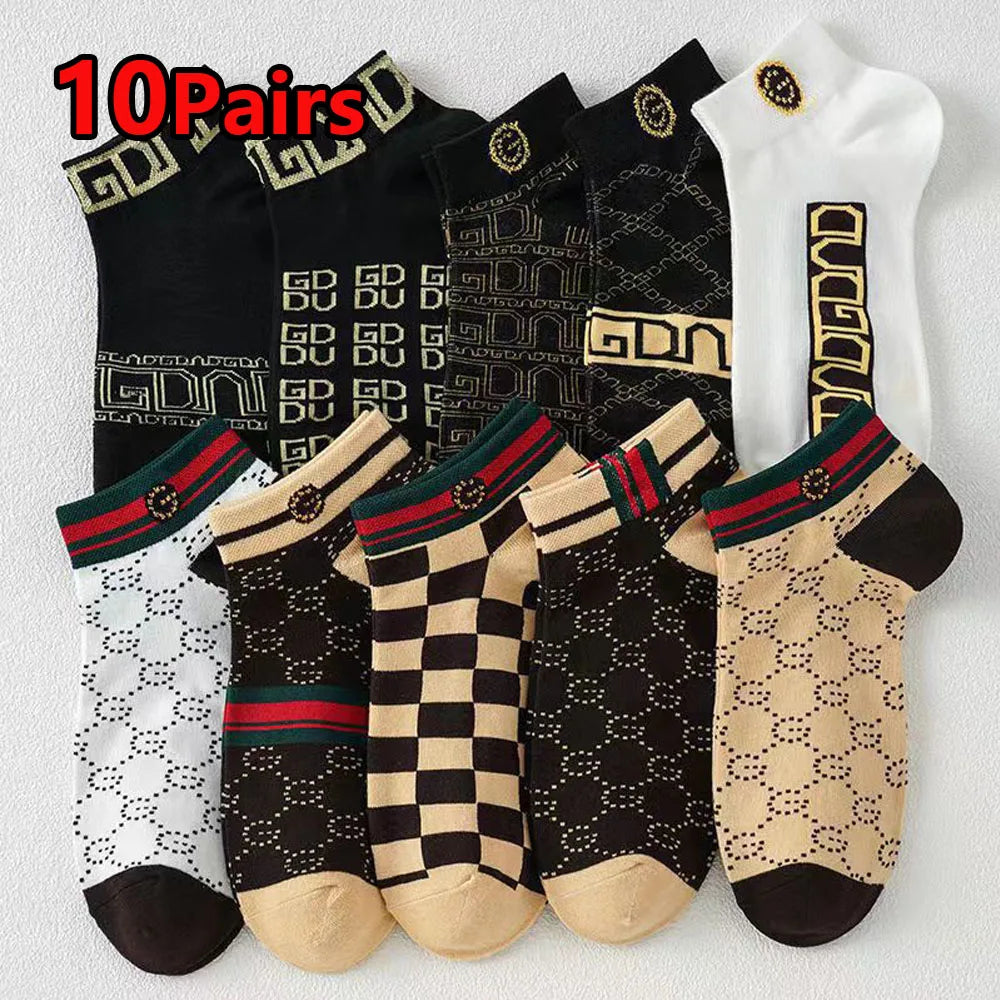 10 Pairs Men's Trendy Short Socks Summer Breathable Geometric Pattern Ankle Socks Luxury Designer Brand Fashion Low Cut Socks