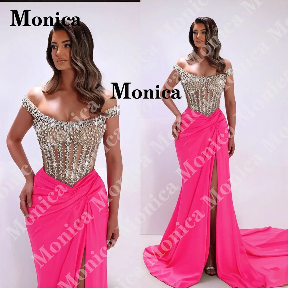 MONICA Charming Off the Shoulder Prom Dresses for Women Rhinestones Corset Slit Evening Gowns Vestidos De Fiesta Customized