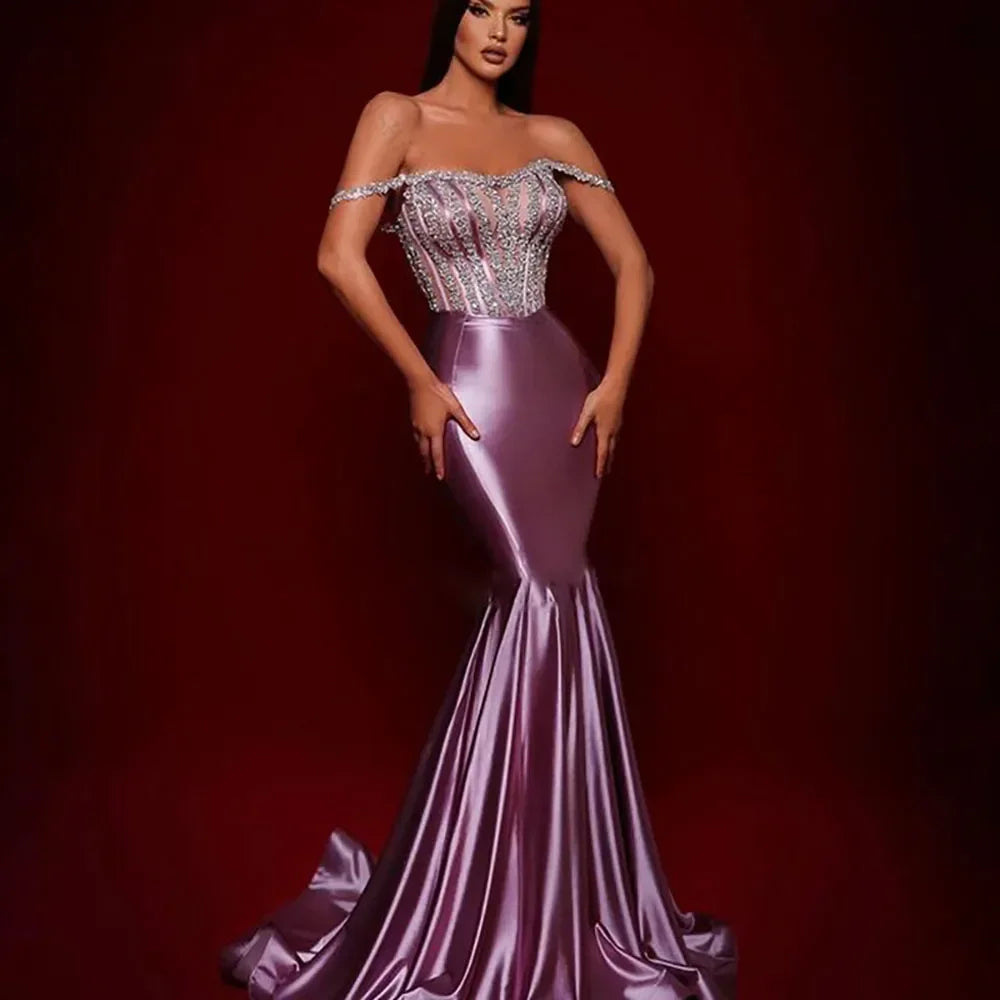 Off The Shoulder Mermaid Evening Dress Short Sleeve Shiny Beads New Elegant Formal Dress for Women