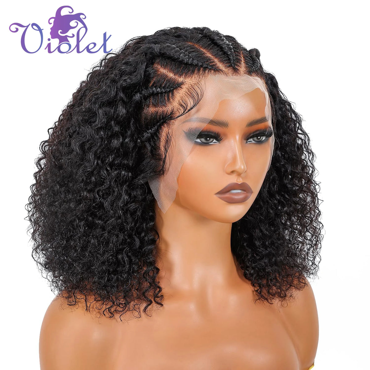 Short Curly Braided Wig Natural Black 220% Braided Cornrow Deep Curly Bob Wigs 13x4 Lace Front Wigs Human Hair For Black Women
