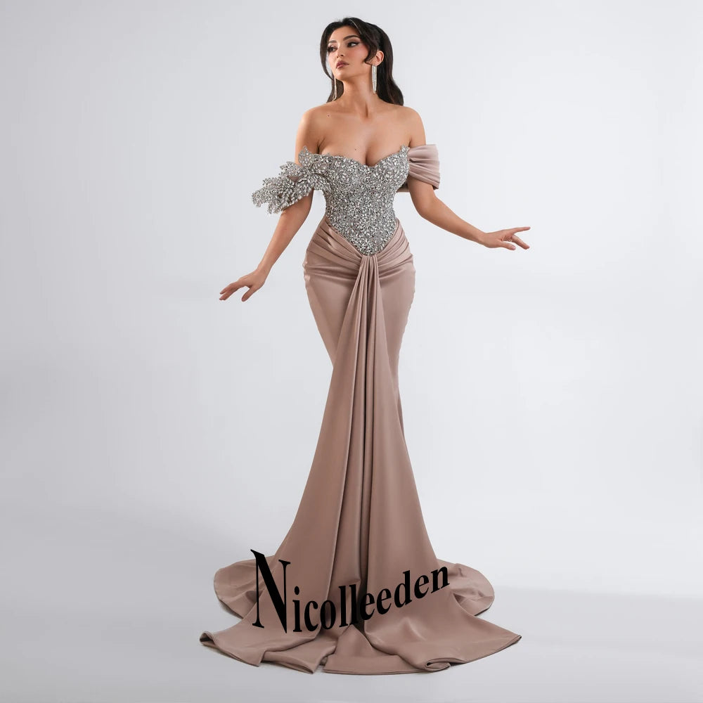 Nicolle Glittering Mermaid Evening Dresses for Women Rhinestones Pleated Ceremony Celebrity Dresses Vestidos De Noche Customized