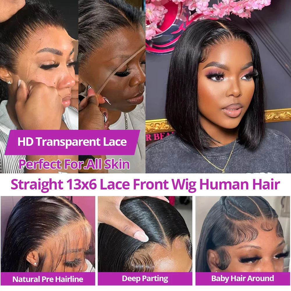 250% Density Straight Short Bob Wig 13x4 13x6 HD Lace Front Brazilian Remy Human Hair Glueless Ready to Wear Pre Plucked For Black Women