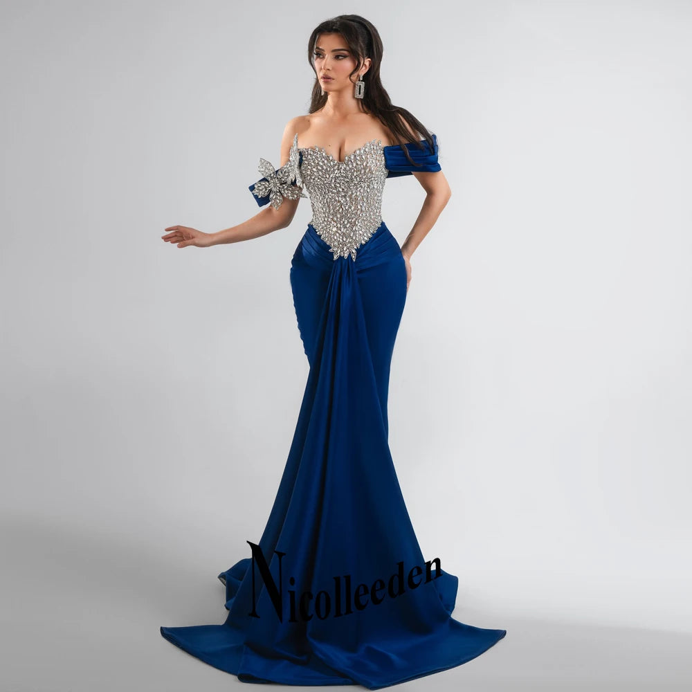Nicolle Glittering Mermaid Evening Dresses for Women Rhinestones Pleated Ceremony Celebrity Dresses Vestidos De Noche Customized