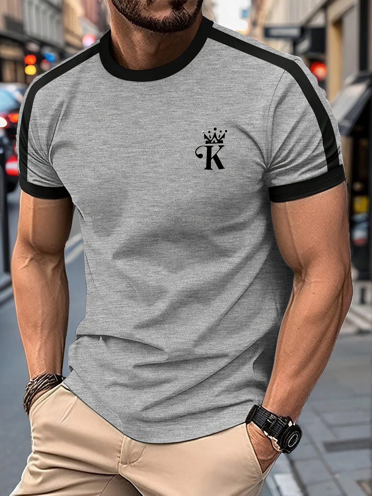 T Shirt for Man Men's Black and Golden Casual T-shirt Printed with "King" Crown + Arm Pattern Clothing Light Luxury Personality