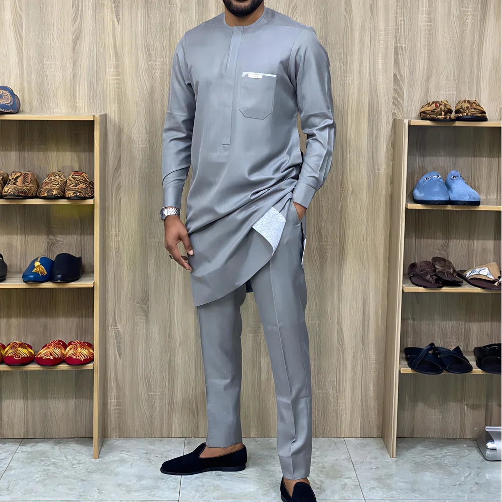 Wedding Suit For Men White Embroidered Pocket Top Pants Ensemble Homme African Traditional Casual Wear 2Pcs Sets Kaftan Outfits