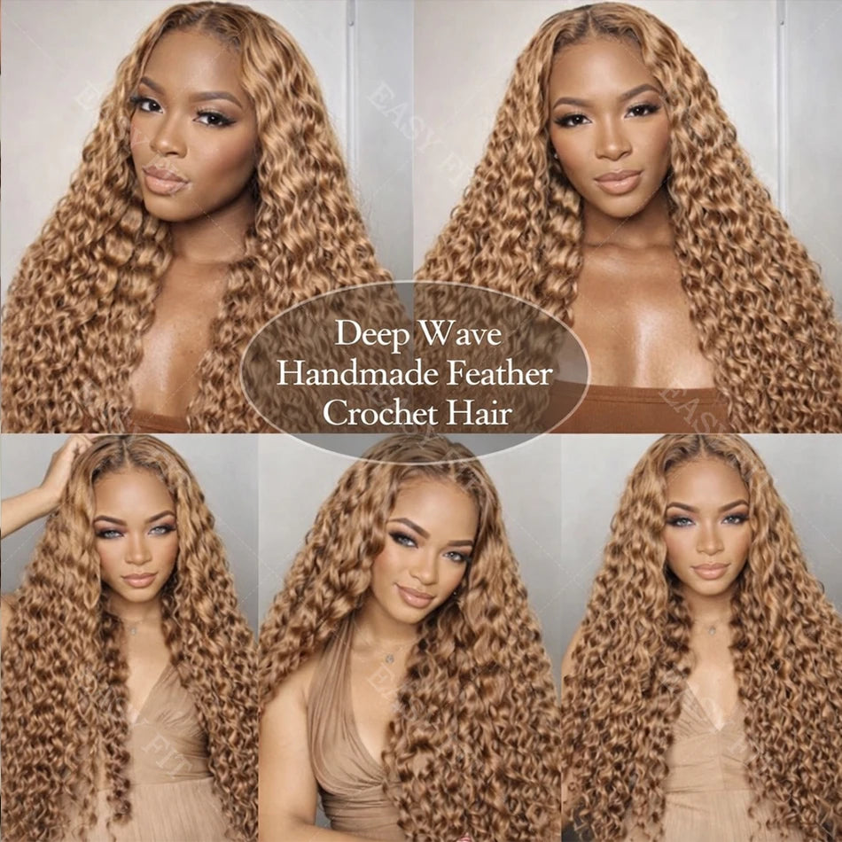 Honey Blonde Highlight Deep Wave Pre-Separated Human Crochet Hair Deep Curly Feather Crochet Braids Hair Extensions For Women