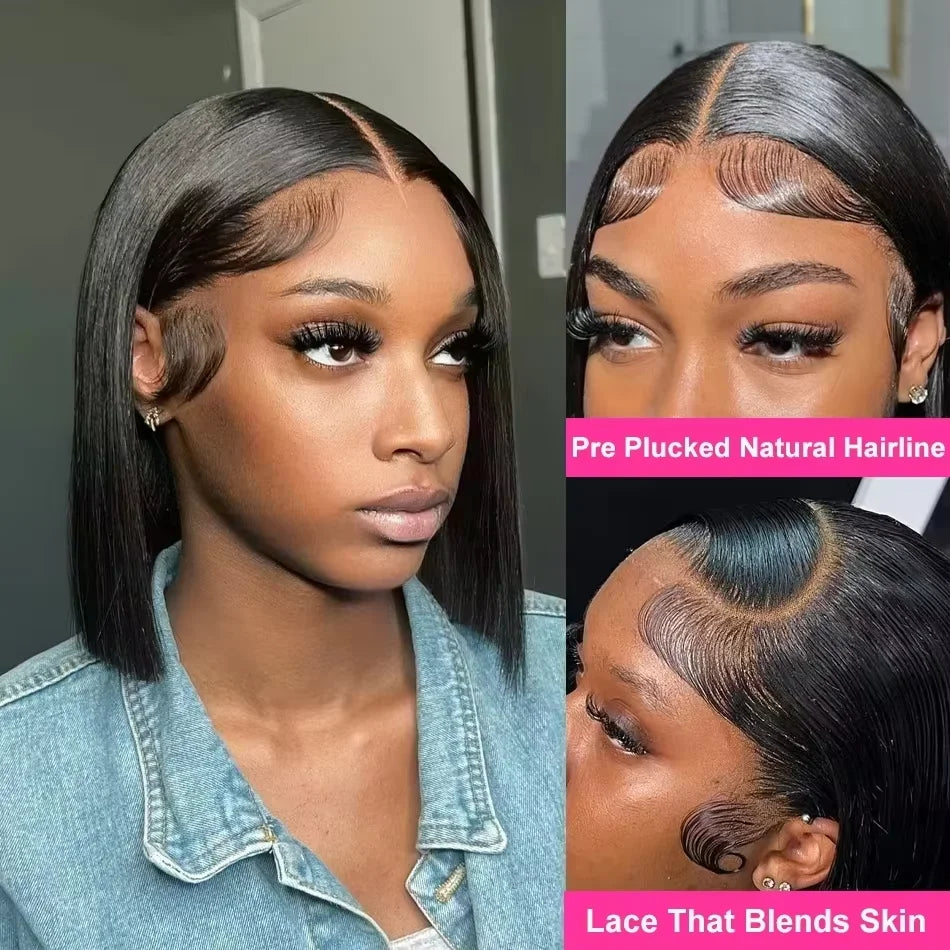 250% Density Glueless Bone Straight 13x6 Short Bob Half Lace Front Wig HD Frontal Braided Black Human Hair Wigs