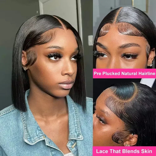250% Density Glueless Bone Straight 13x6 Short Bob Half Lace Front Wig HD Frontal Braided Black Human Hair Wigs