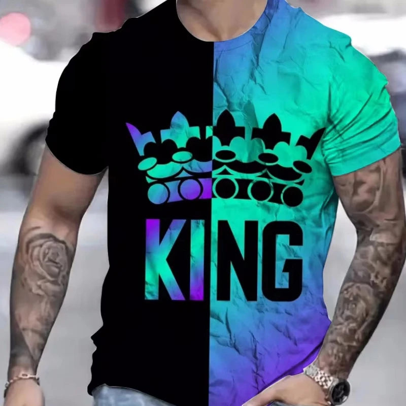 T Shirt for Man Men's Black and Golden Casual T-shirt Printed with "King" Crown + Arm Pattern Clothing Light Luxury Personality