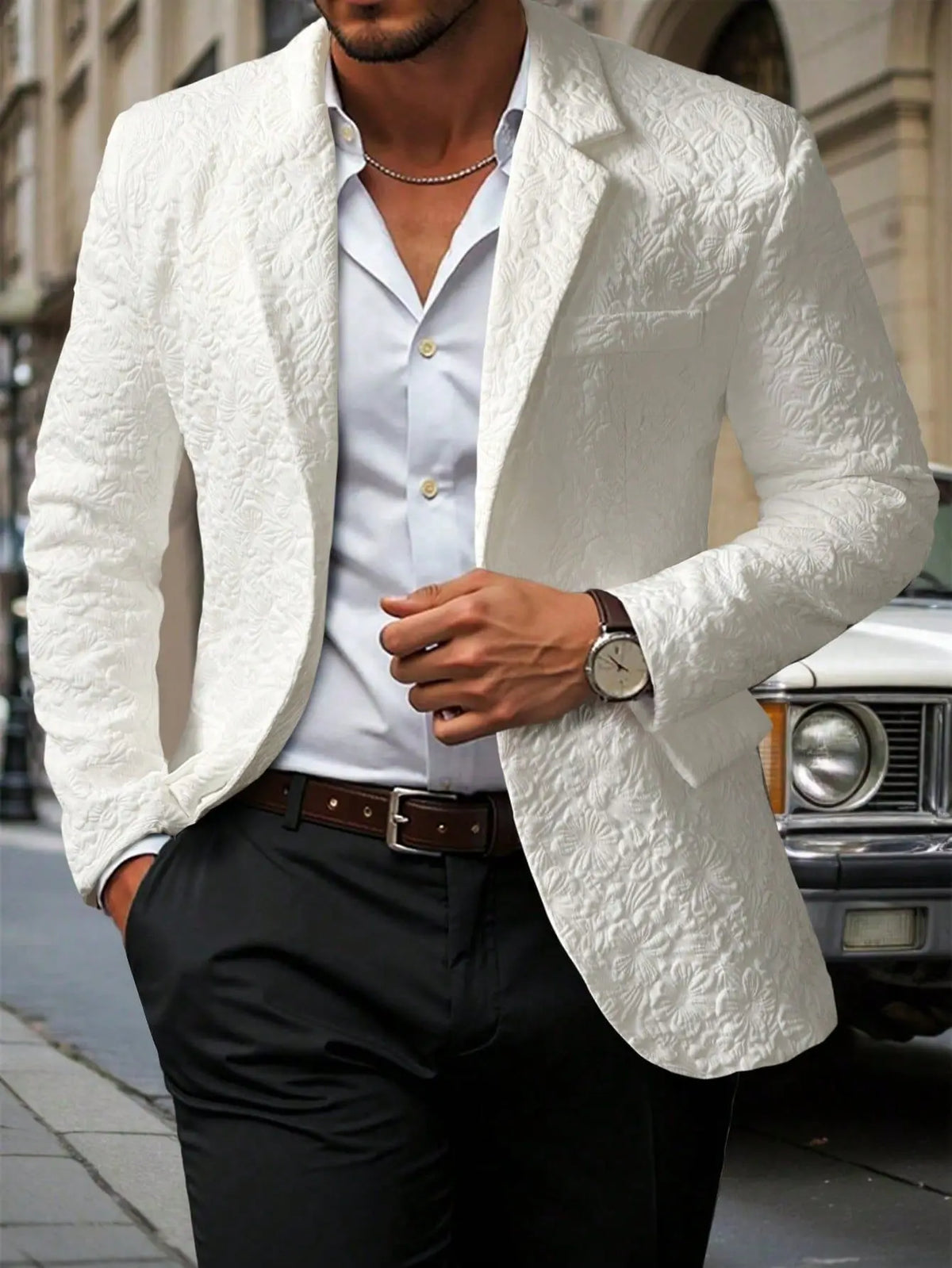 Men's White Business Suits For Casual Party Elegant Jacquard Suits Top High Quality Solid Clothes Basic Pocket Jacket