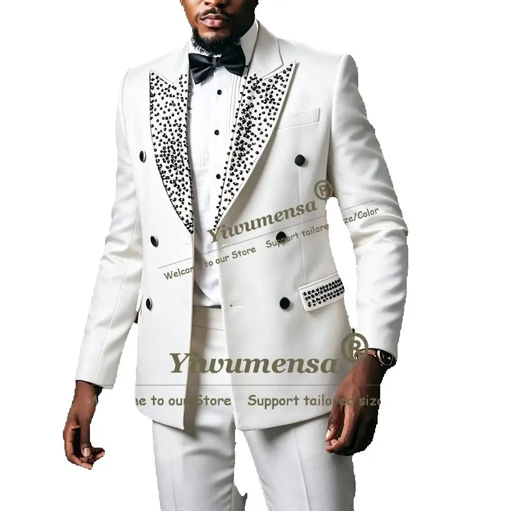 Elegant Men's Suit 2 Pieces Double Breasted Groom Wedding Tuxedo Customized Man Business Party Outfits Slim Fit Costume Homme