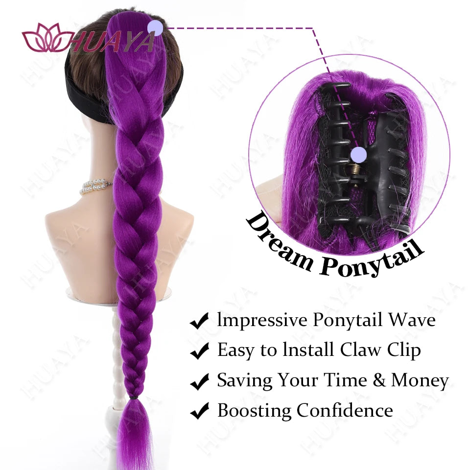 Synthetic Long Braided Purple Hair Ponytail Extensions Rumi Hairstyle Claw Clip Hair Wig for Women or Kids Costume for Chritmas