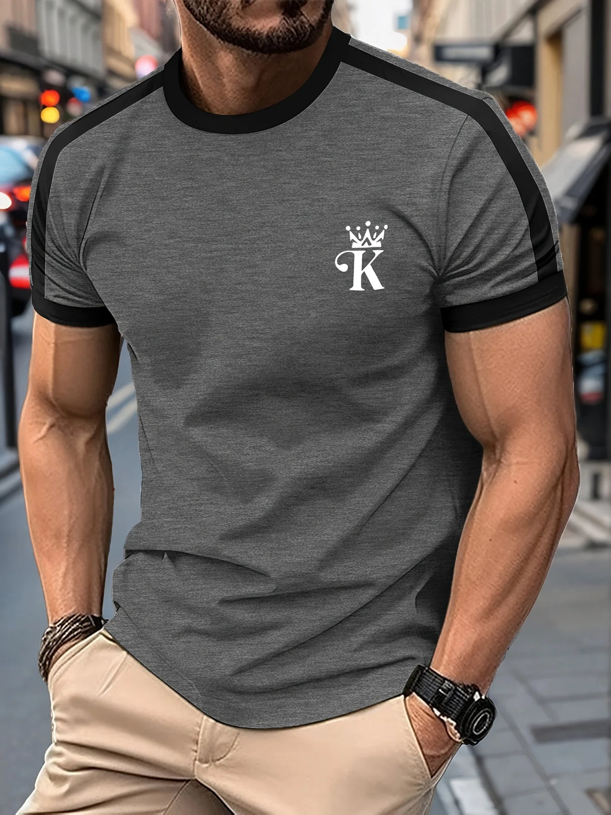 T Shirt for Man Men's Black and Golden Casual T-shirt Printed with "King" Crown + Arm Pattern Clothing Light Luxury Personality