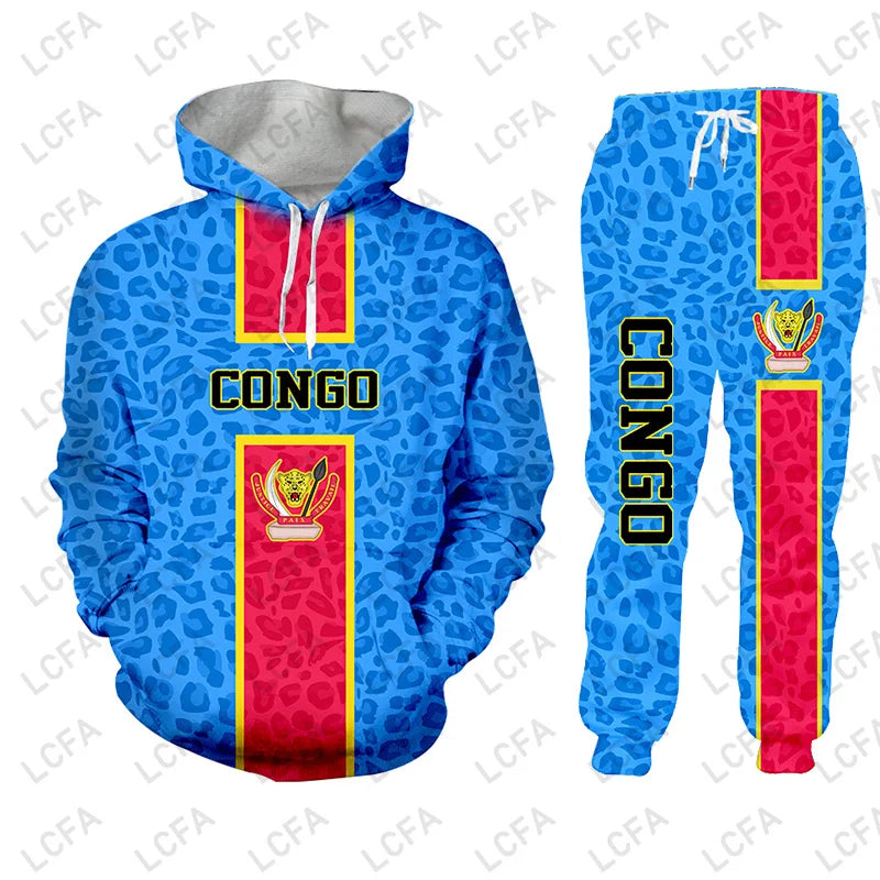 Congo Flag Hoodies Jacket Tracksuit Men 3D Printing Leopard Print National Emblem Shirt 2 Piece Set Oversize Clothes Sweat Suits